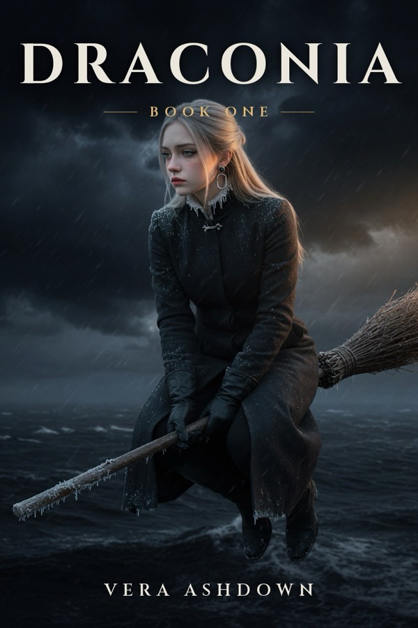 Cover of Draconia, Book One, by Vera Ashdown: a young woman in a dark frosted coat flies over a stormy sea